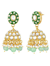 Glistening Nature Necklace Set by Peora. Gold-plated green Kundan necklace set with matching earrings and maang tikka, featuring mint green beads.