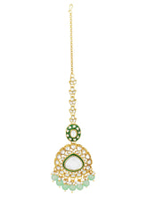 Glistening Nature Necklace Set by Peora. Gold-plated green Kundan necklace set with matching earrings and maang tikka, featuring mint green beads.