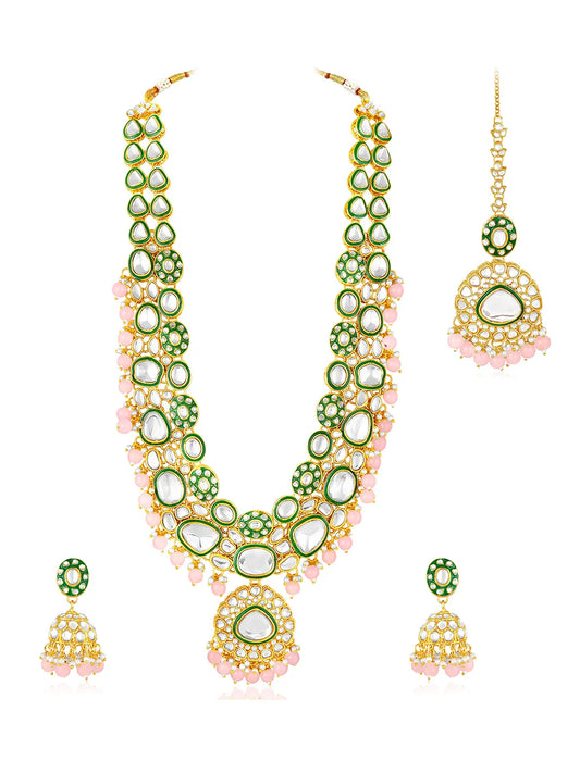 Glistening Nature Necklace Set by Peora. Gold-plated pink Kundan necklace set with matching earrings and maang tikka, featuring soft pink beads.