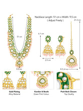 Glistening Nature Necklace Set by Peora. Gold-plated pink Kundan necklace set with matching earrings and maang tikka, featuring soft pink beads.
