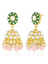 Glistening Nature Necklace Set by Peora. Gold-plated pink Kundan necklace set with matching earrings and maang tikka, featuring soft pink beads.