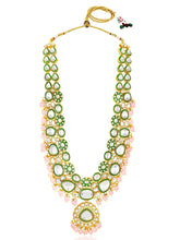 Glistening Nature Necklace Set by Peora. Gold-plated pink Kundan necklace set with matching earrings and maang tikka, featuring soft pink beads.