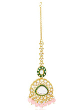 Glistening Nature Necklace Set by Peora. Gold-plated pink Kundan necklace set with matching earrings and maang tikka, featuring soft pink beads.