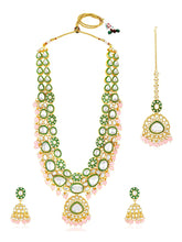Glistening Nature Necklace Set by Peora. Gold-plated pink Kundan necklace set with matching earrings and maang tikka, featuring soft pink beads.