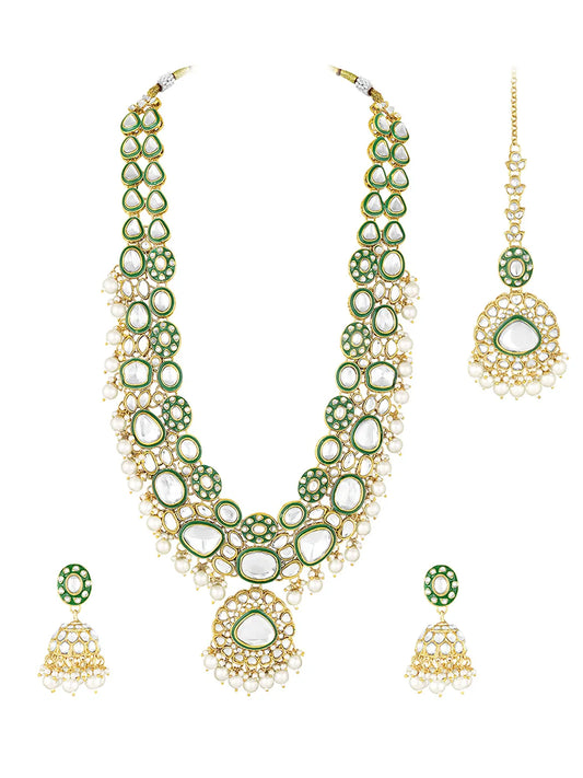 Glistening Nature Necklace Set by Peora. Gold-plated white Kundan necklace set with matching earrings and maang tikka, featuring white beads.