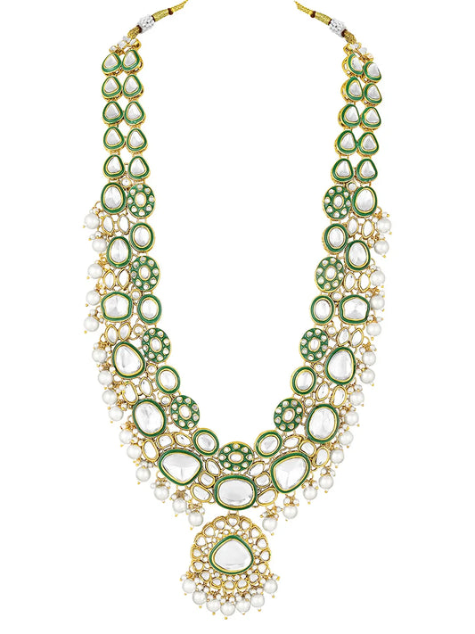 Glistening Nature Necklace Set by Peora. Gold-plated white Kundan necklace set with matching earrings and maang tikka, featuring white beads.