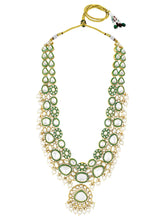 Glistening Nature Necklace Set by Peora. Gold-plated white Kundan necklace set with matching earrings and maang tikka, featuring white beads.