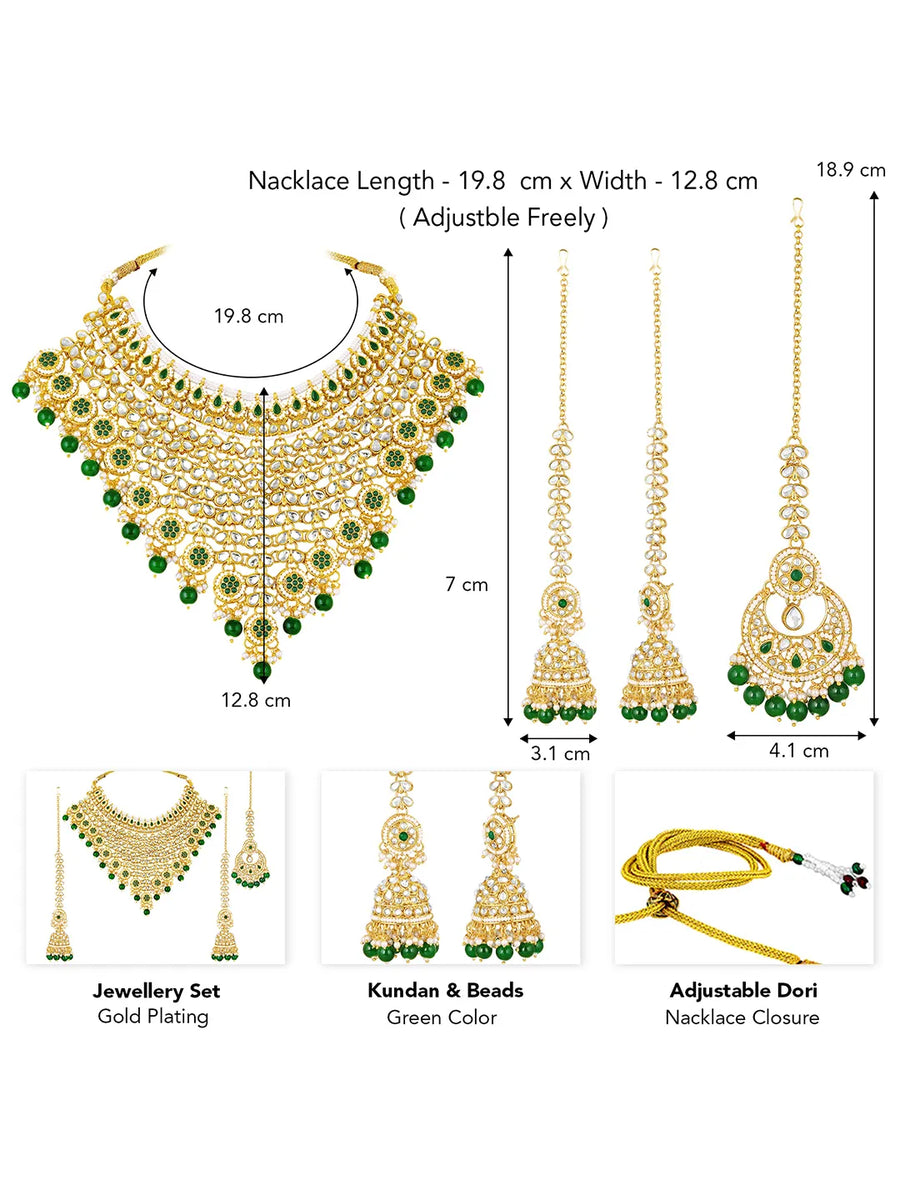 Royal Beads & Kundan Bridal Set. Gold jewellery set, pair of earrings & maangtikka embellished with with Kundan, green stones along with pearls. Prefect for your wedding day by peora.