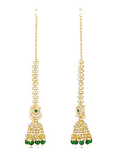 Royal Beads & Kundan Bridal Set. Gold jewellery set, pair of earrings & maangtikka embellished with with Kundan, green stones along with pearls. Prefect for your wedding day by peora.