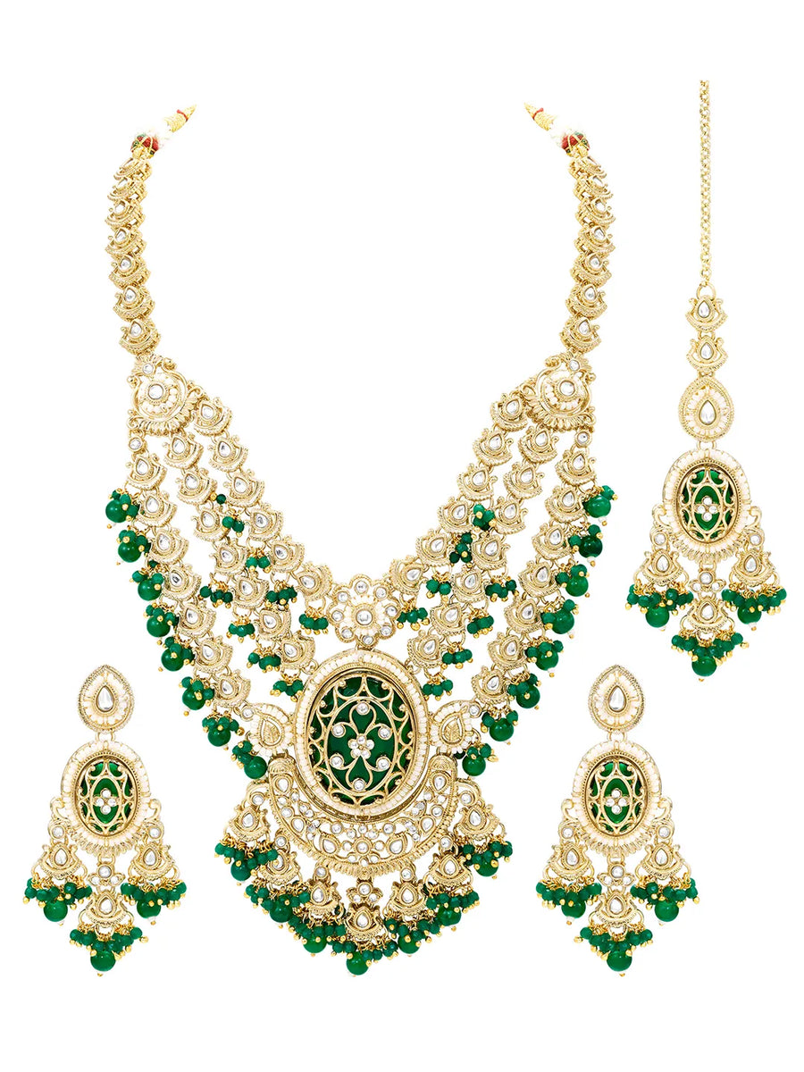 Gold Plated Green Kundan Festive Necklace Set