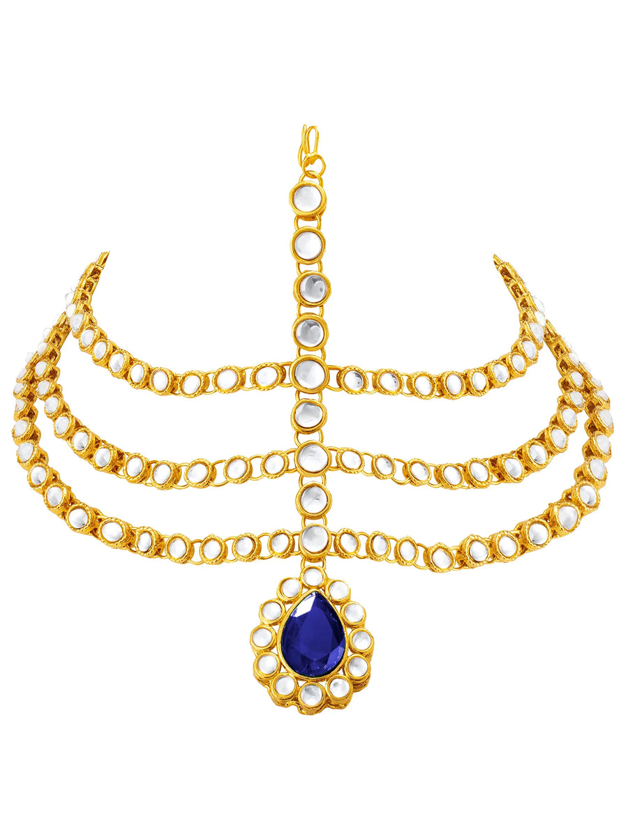 Peora Regal Kundan Blue Drop Maang Tikka