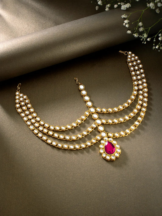 Peora Regal Kundan Rani Pink Drop Maang Tikka