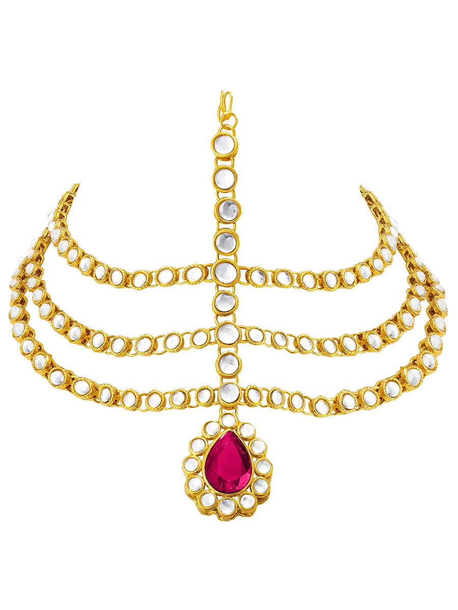 Peora Regal Kundan Rani Pink Drop Maang Tikka
