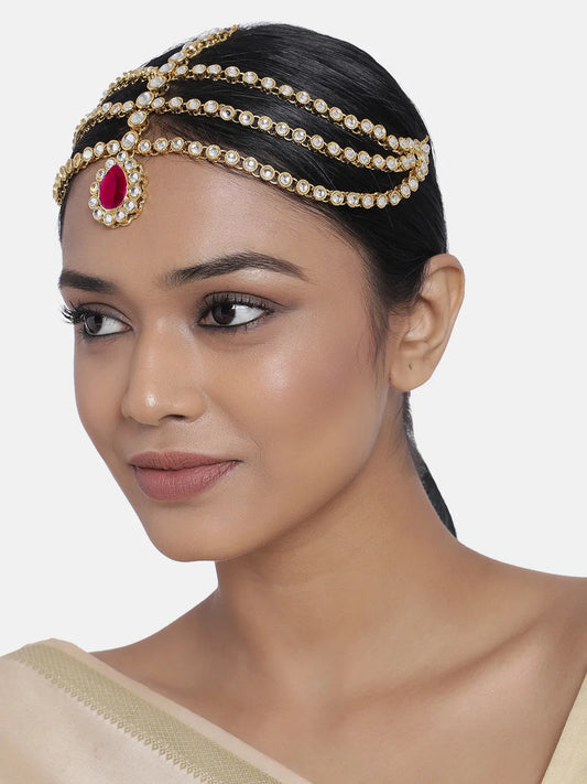 Peora Regal Kundan Rani Pink Drop Maang Tikka