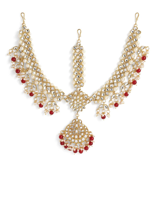 Peora Royal Dulhan Kundan Red Maang Tikka