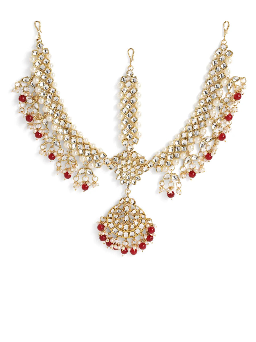 Peora Royal Dulhan Kundan Red Maang Tikka