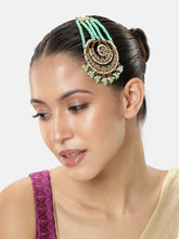 Regal Kundan Studded Paso Jewellery. Paso with gold and mint green beads & studded with kundan. Best for your wedding look.