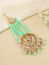 Regal Kundan Studded Paso Jewellery. Paso with gold and mint green beads & studded with kundan. Best for your wedding look.