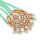 Regal Kundan Studded Paso Jewellery. Paso with gold and mint green beads & studded with kundan. Best for your wedding look.
