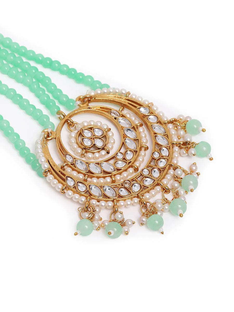 Regal Kundan Studded Paso Jewellery. Paso with gold and mint green beads & studded with kundan. Best for your wedding look.