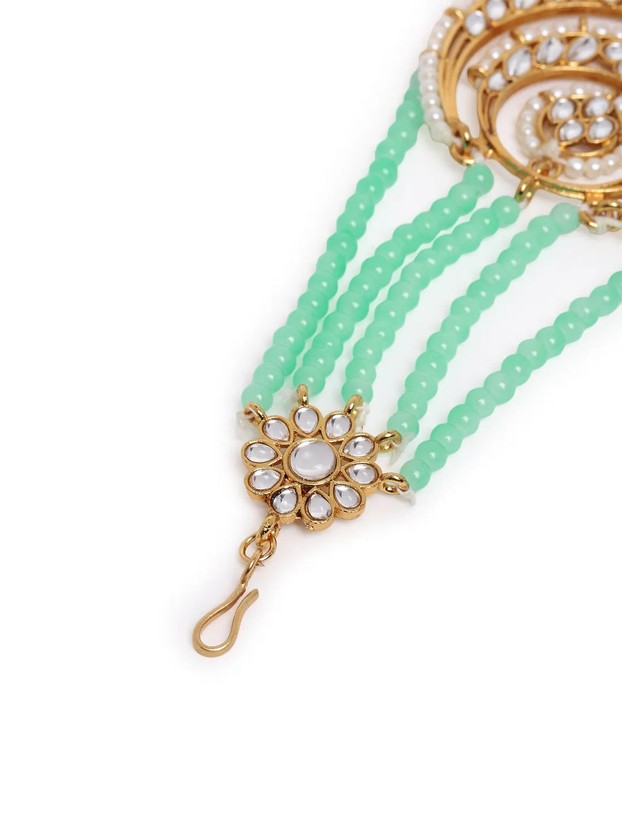 Regal Kundan Studded Paso Jewellery. Paso with gold and mint green beads & studded with kundan. Best for your wedding look.