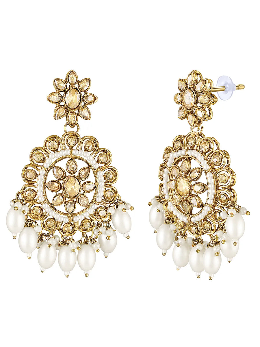 Pearl Crystal Bloom Maangtikka Set - Champagne