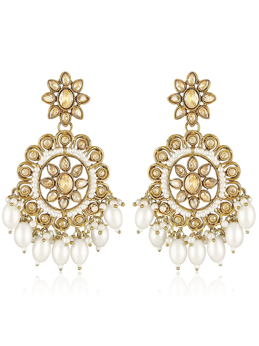Pearl Crystal Bloom Maangtikka Set - Champagne
