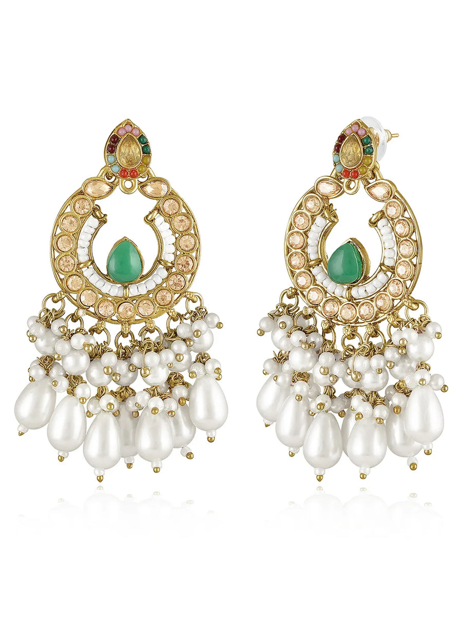 Royal Pearl & Crystal Chandbali Earrings - Green -White