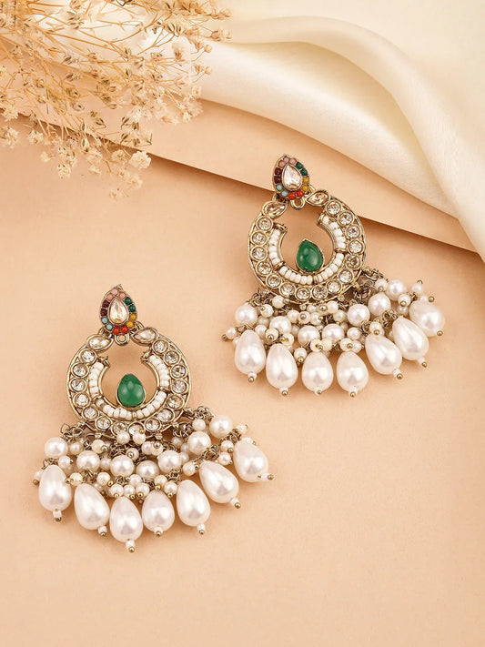 Royal Pearl & Crystal Chandbali Earrings - Green -White