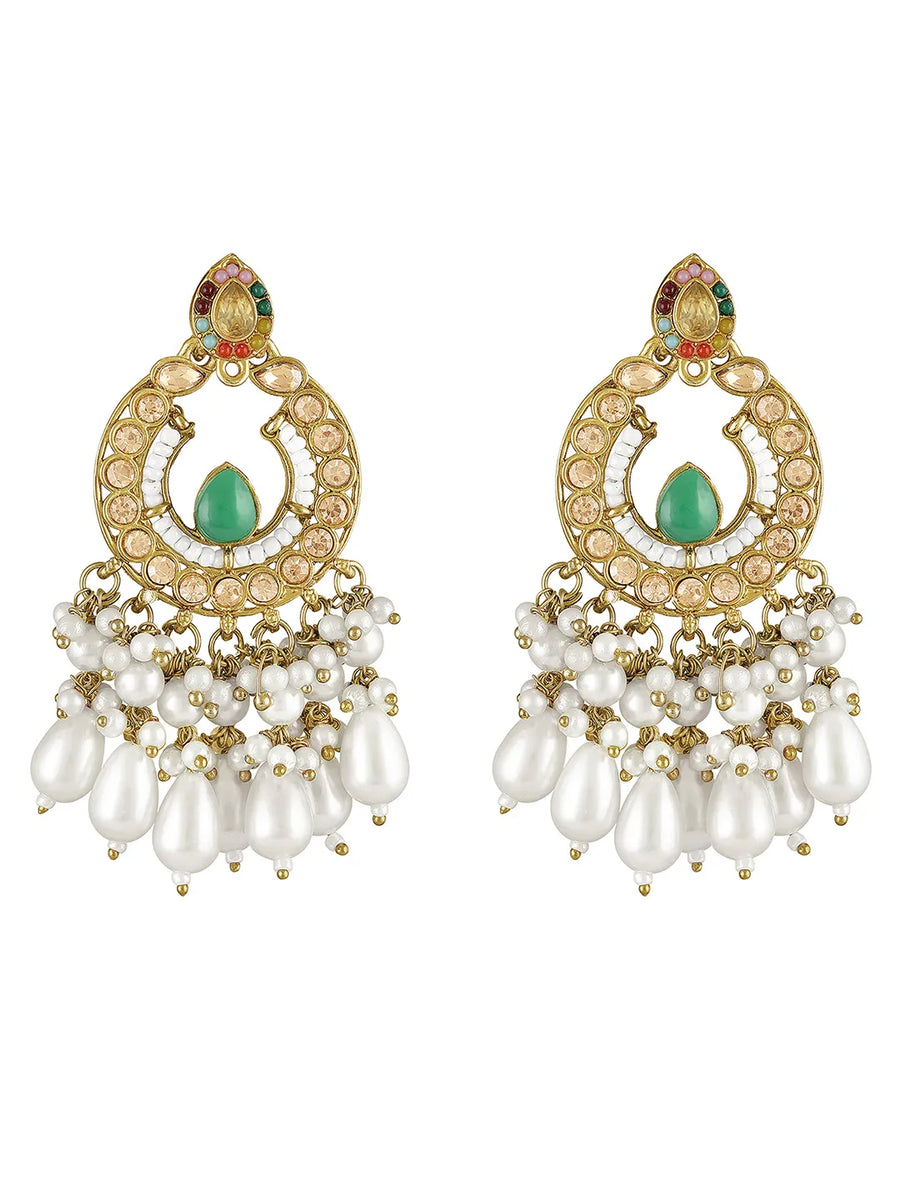 Royal Pearl & Crystal Chandbali Earrings - Green -White