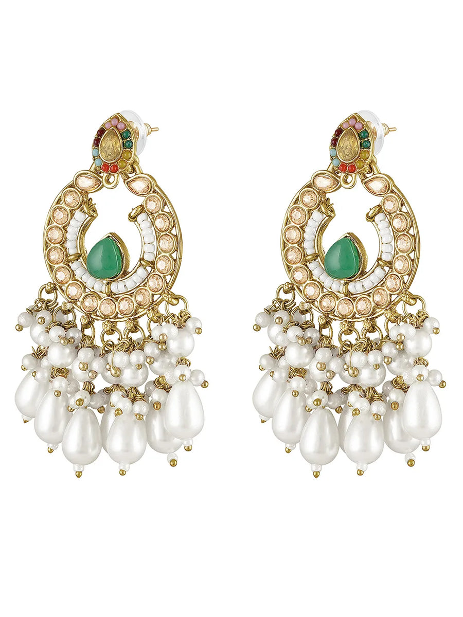 Royal Pearl & Crystal Chandbali Earrings - Green -White