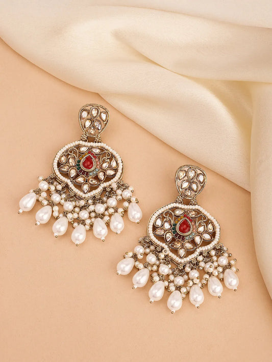 Pearl Cluster Crystals Dangler Earrings - Red -White