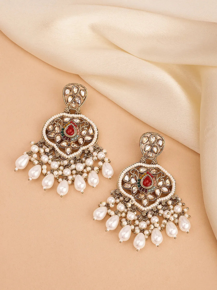 Pearl Cluster Crystals Dangler Earrings - Red -White