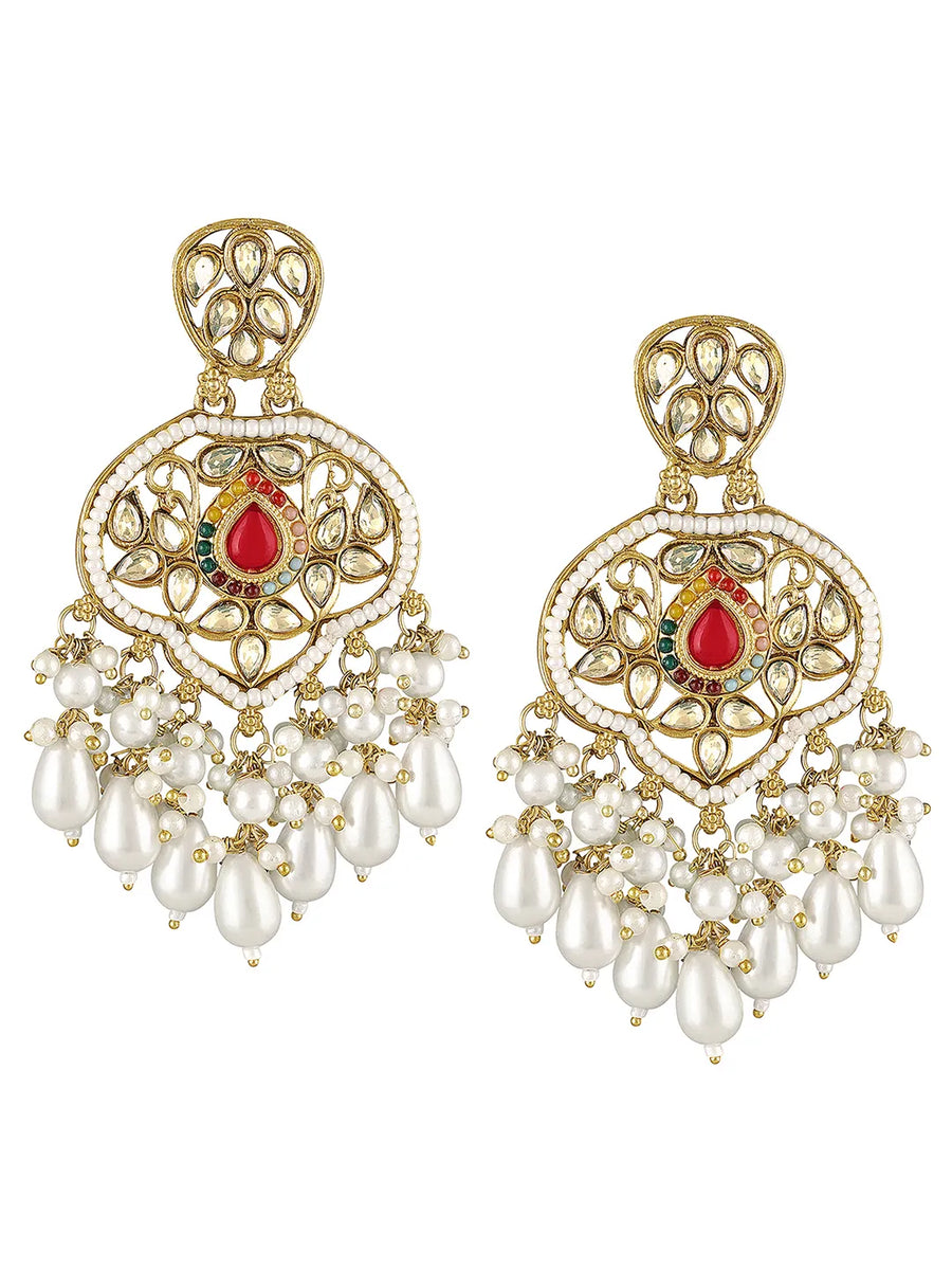 Pearl Cluster Crystals Dangler Earrings - Red -White