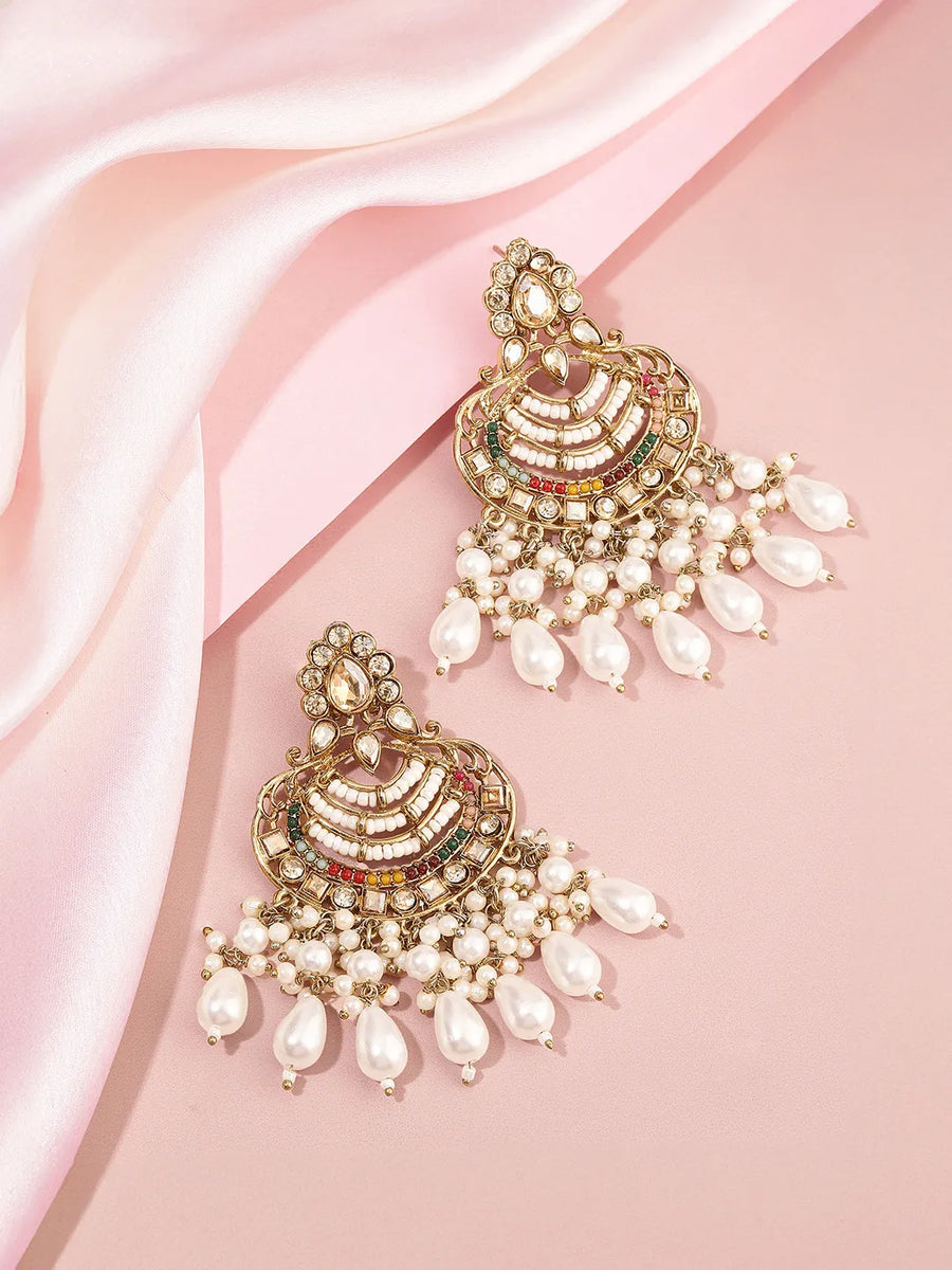 Pearl Cascade Crystals Dangler Earrings - Champagne