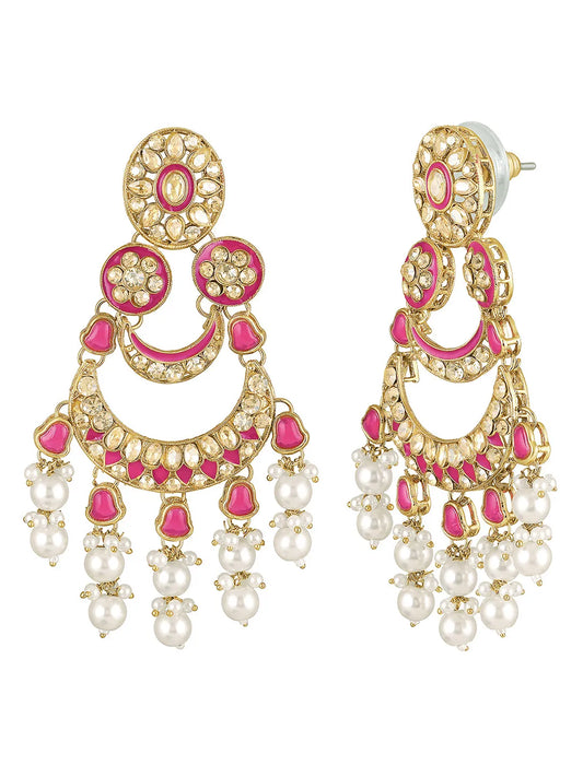 Royal Meenakari Pearl Drangler Earrings - Rani Pink - Champagne