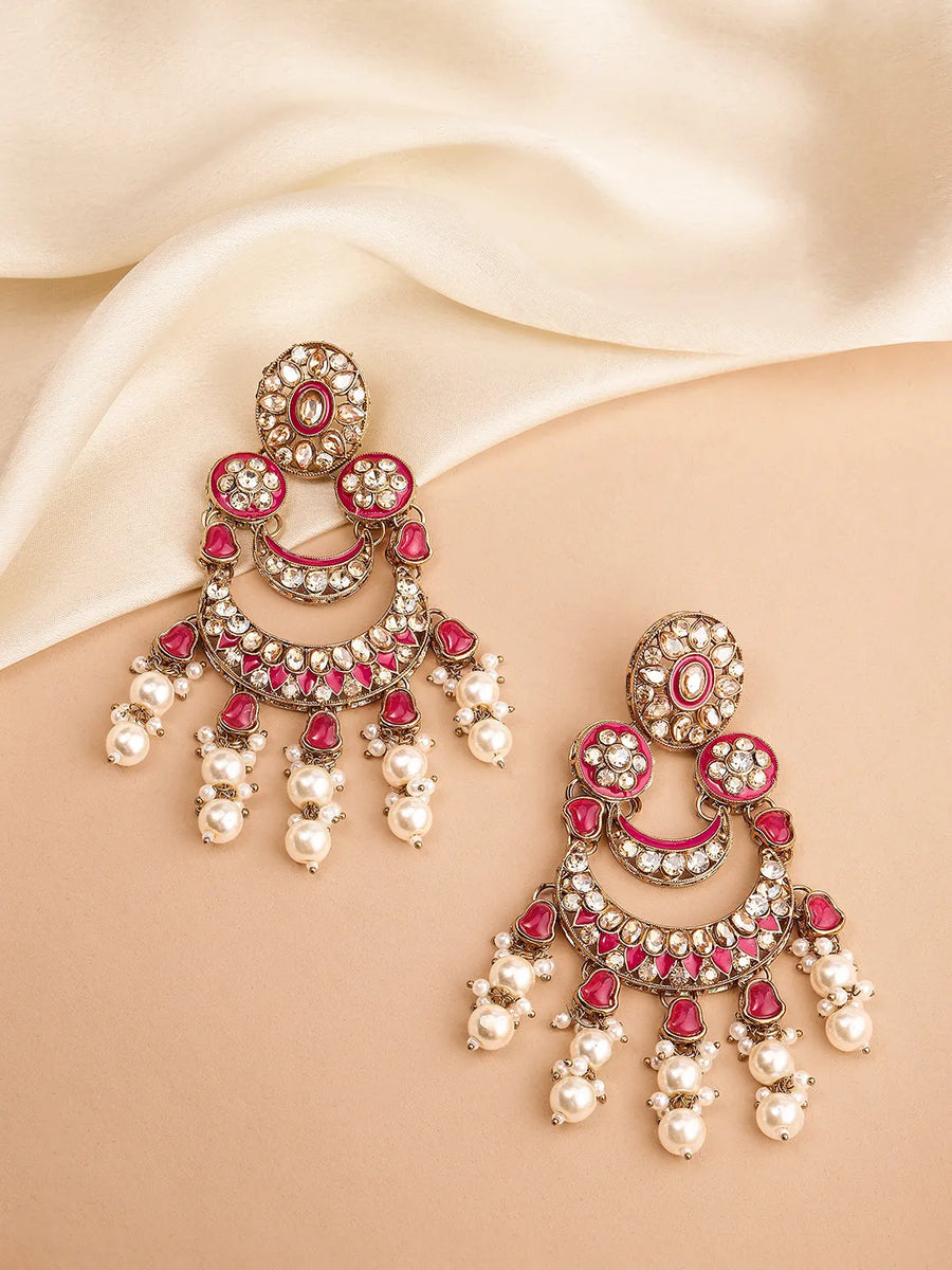 Royal Meenakari Pearl Drangler Earrings - Rani Pink - Champagne