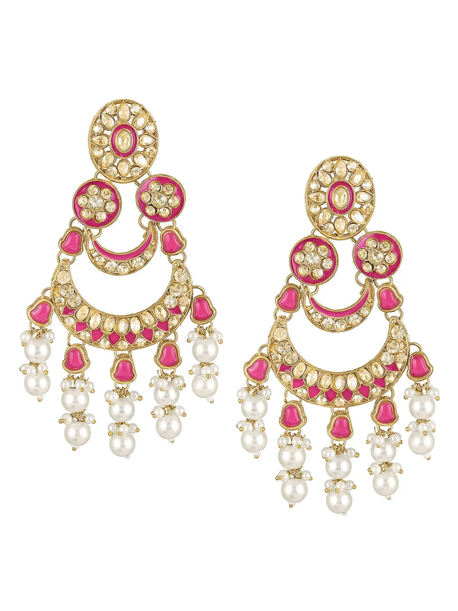 Royal Meenakari Pearl Drangler Earrings - Rani Pink - Champagne