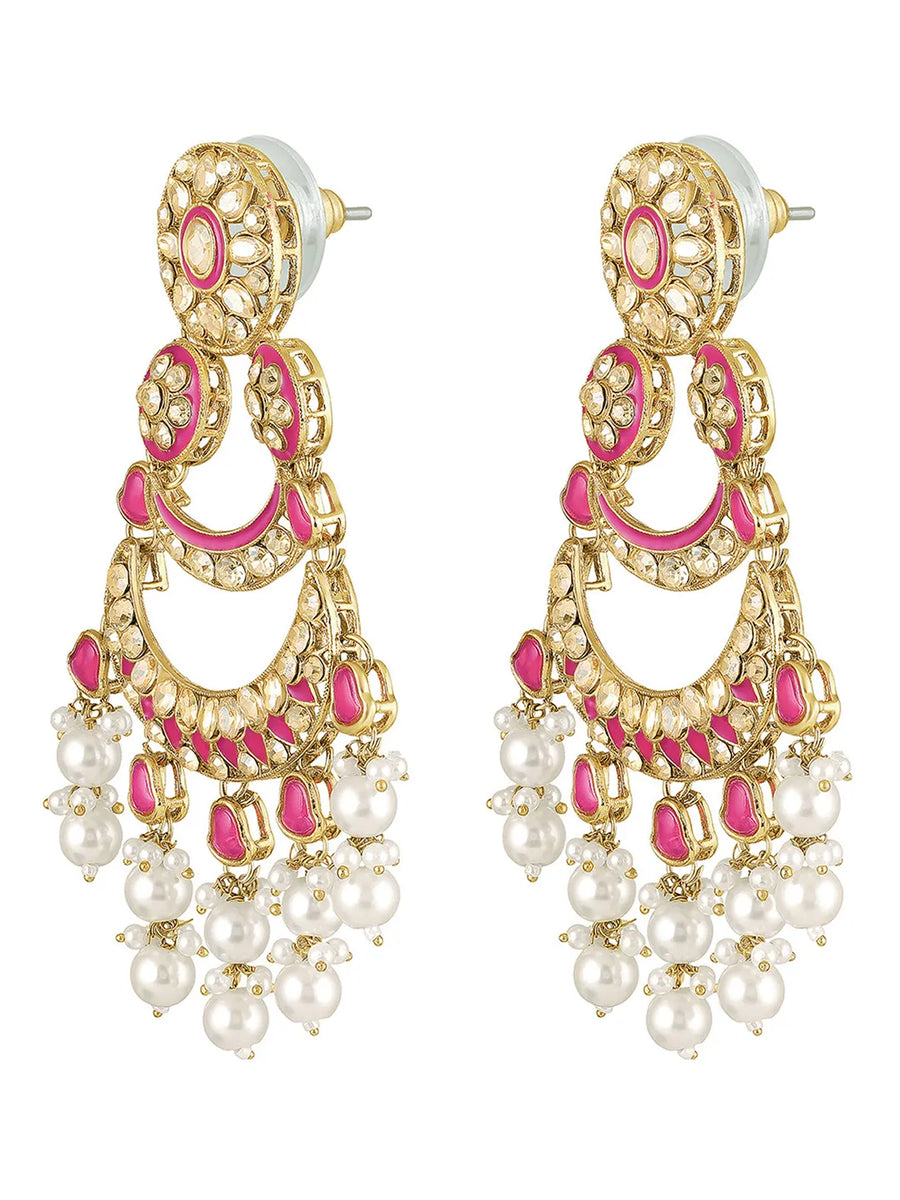 Royal Meenakari Pearl Drangler Earrings - Rani Pink - Champagne