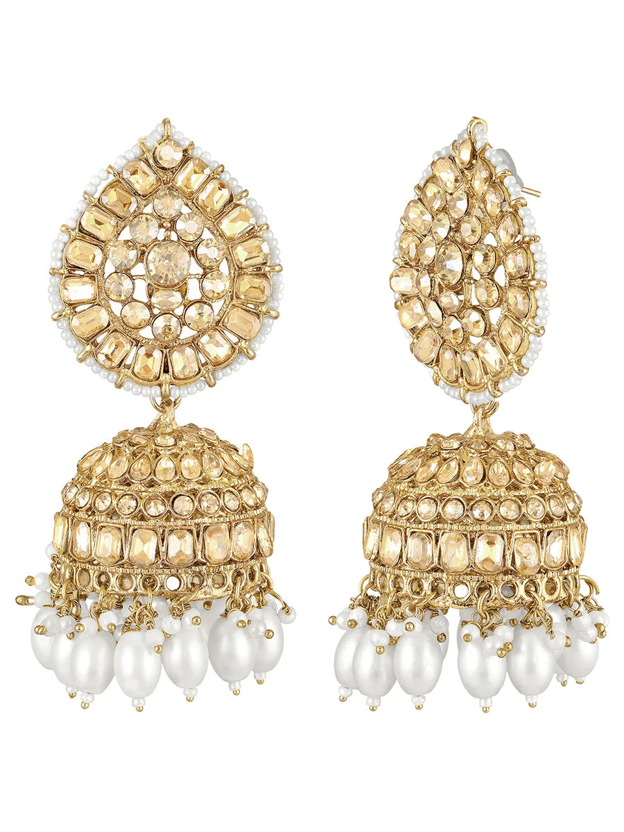 Graceful Crystals Pearl Jhumka Earrings - Champagne
