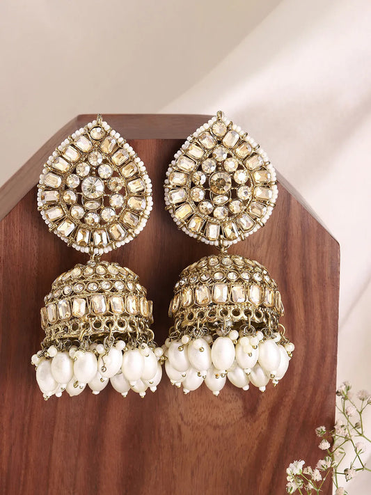 Graceful Crystals Pearl Jhumka Earrings - Champagne
