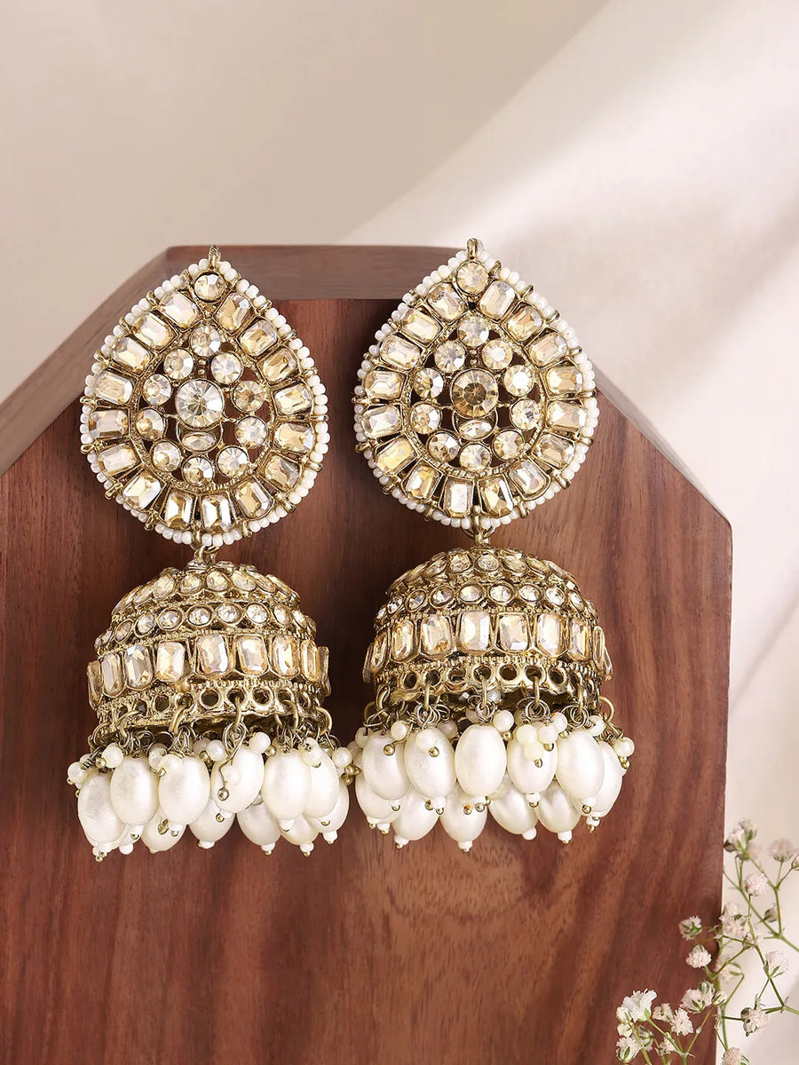 Graceful Crystals Pearl Jhumka Earrings - Champagne