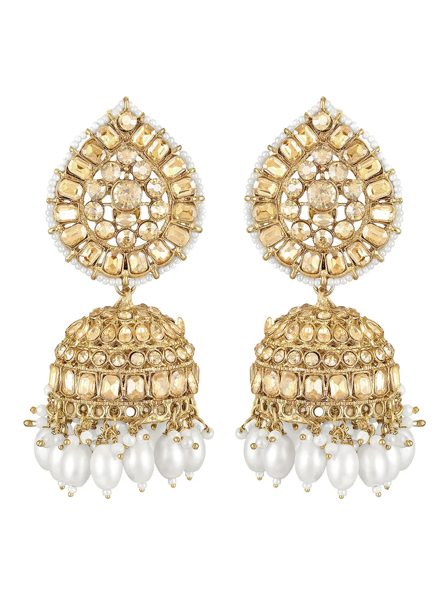 Graceful Crystals Pearl Jhumka Earrings - Champagne
