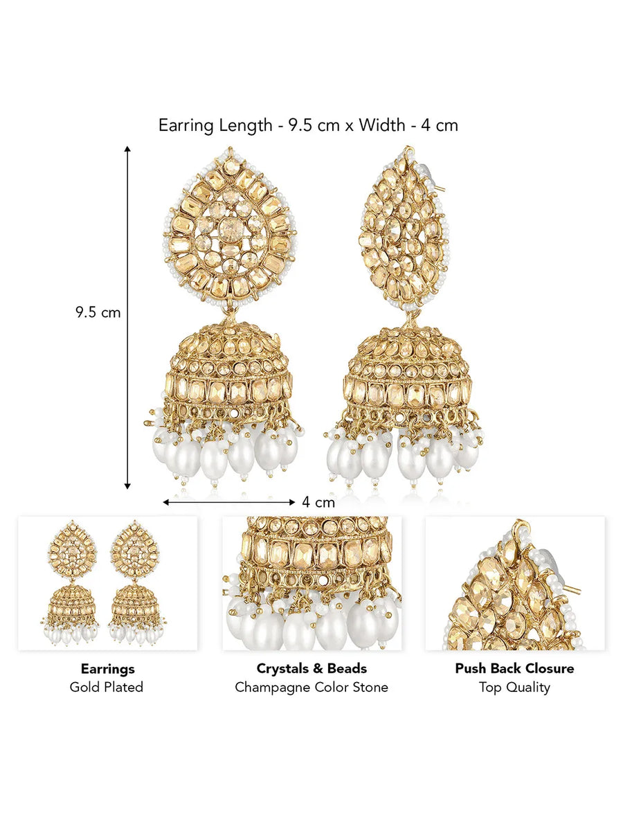 Graceful Crystals Pearl Jhumka Earrings - Champagne