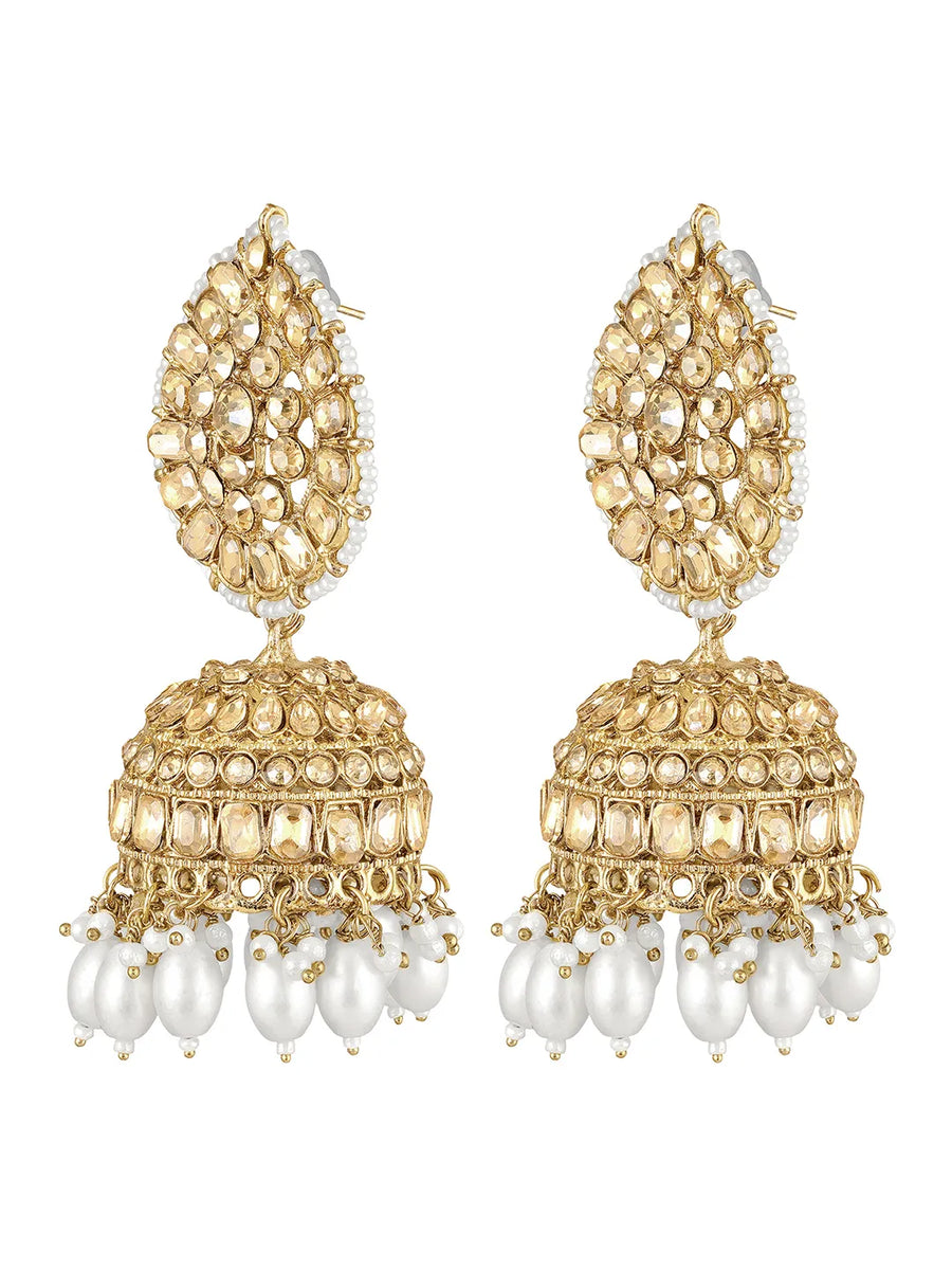 Graceful Crystals Pearl Jhumka Earrings - Champagne