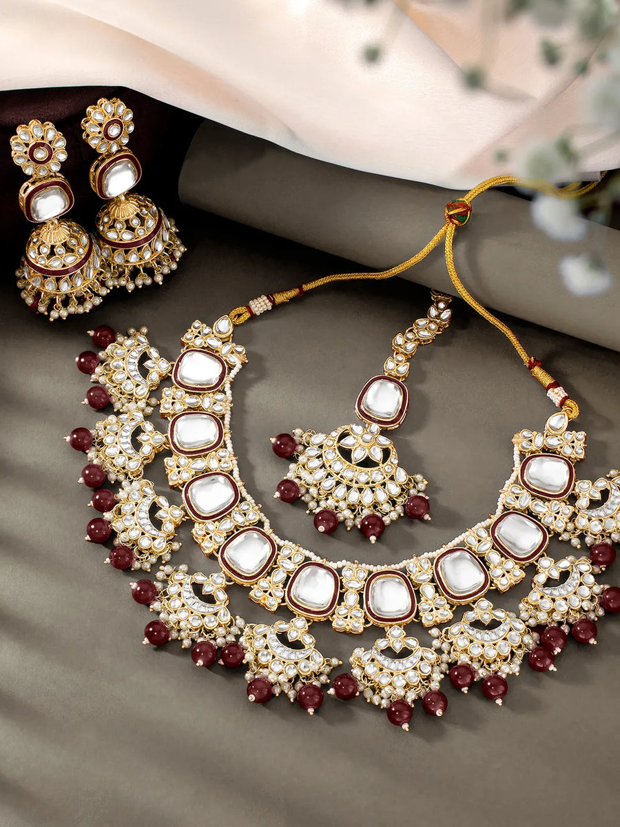 Royal Kundan Pearl Bridal Necklace - Maroon