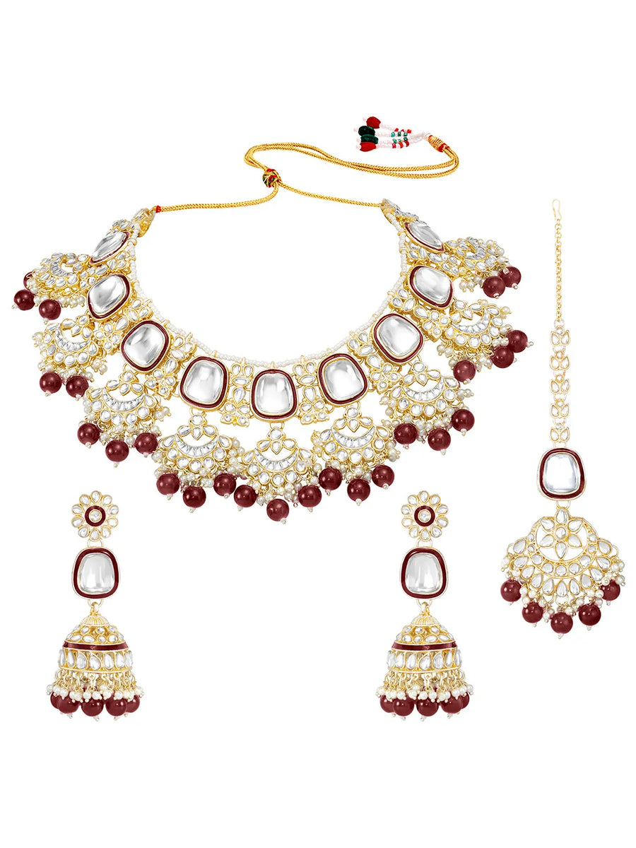 Royal Kundan Pearl Bridal Necklace - Maroon