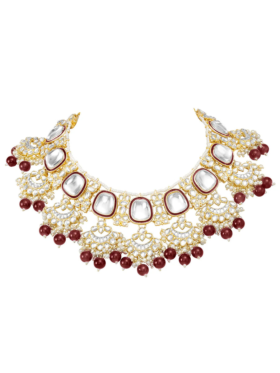 Royal Kundan Pearl Bridal Necklace - Maroon