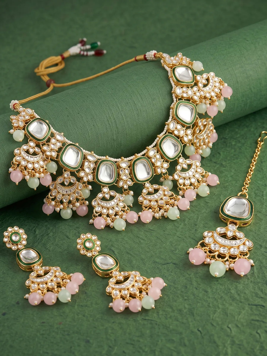 Gold Plated Mint Pink Kundan Necklace Set