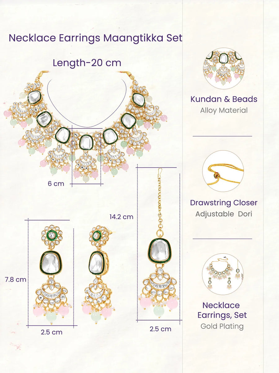 Gold Plated Mint Pink Kundan Necklace Set